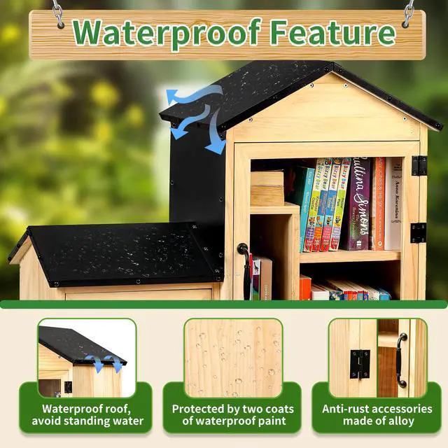 Alt view image 5 of 7 - Outdoor Library Book Box, Solid Wood Free Library with Large & Small Compartments, Waterproof Coating & Metal Joint Trim, Adjustable Storage, Easy Install Community Book, Literature, Newspaper Sharing