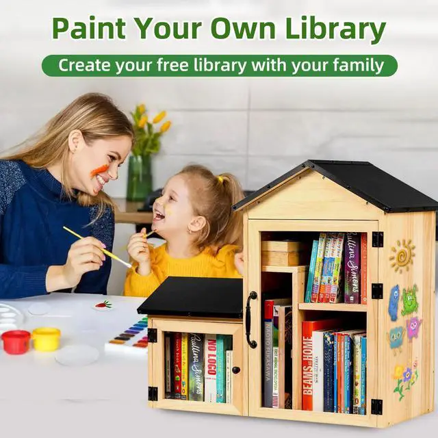 Alt view image 6 of 7 - Outdoor Library Book Box, Solid Wood Free Library with Large & Small Compartments, Waterproof Coating & Metal Joint Trim, Adjustable Storage, Easy Install Community Book, Literature, Newspaper Sharing