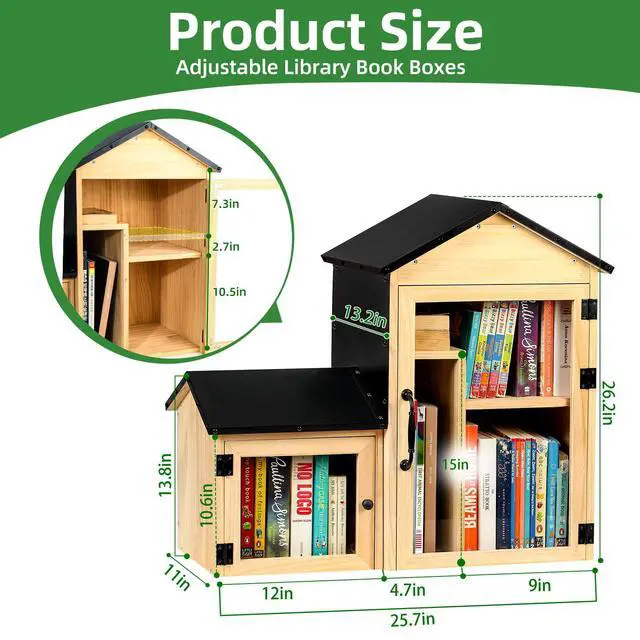 Alt view image 7 of 7 - Outdoor Library Book Box, Solid Wood Free Library with Large & Small Compartments, Waterproof Coating & Metal Joint Trim, Adjustable Storage, Easy Install Community Book, Literature, Newspaper Sharing