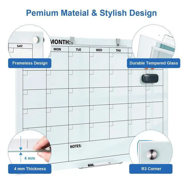 Alt view image 2 of 7 - Glass Dry Erase Calendar for Wall, 48 x 36 Inches Magnetic Glass Monthly Calendar Whiteboard, 4' x 3' Frameless Planner Board for Office, Home, School