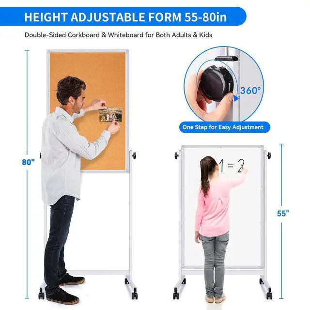 Alt view image 2 of 6 - Mobile Whiteboard and Cork Board Combo, 48 x 32 Double-Sided Magnetic Dry Erase Board on Wheels, Height Adjustable Rolling Easel Board for Classroom, Office, Home