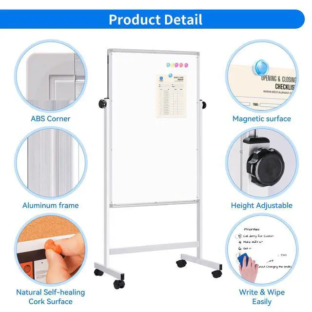 Alt view image 4 of 6 - Mobile Whiteboard and Cork Board Combo, 48 x 32 Double-Sided Magnetic Dry Erase Board on Wheels, Height Adjustable Rolling Easel Board for Classroom, Office, Home