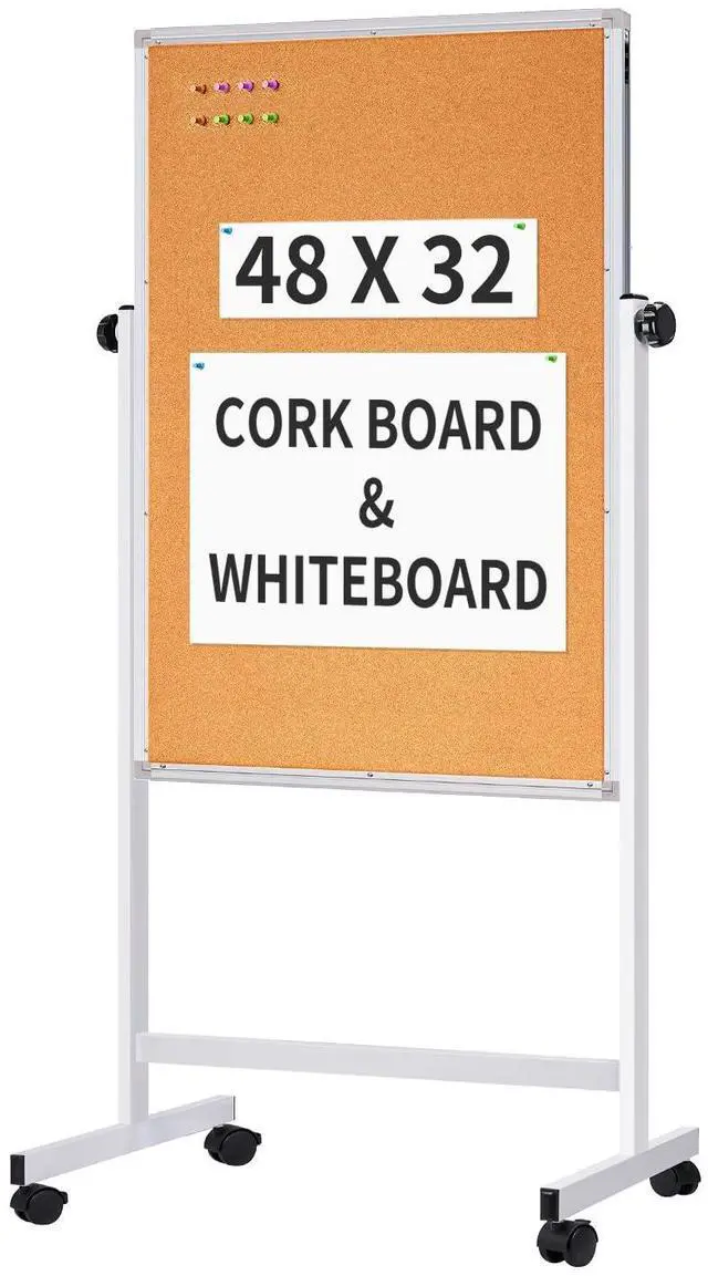 Main image of Mobile Whiteboard and Cork Board Combo, 48 x 32 Double-Sided Magnetic Dry Erase Board on Wheels, Height Adjustable Rolling Easel Board for Classroom, Office, Home