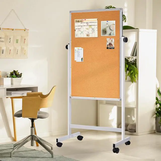 Alt view image 6 of 6 - Mobile Whiteboard and Cork Board Combo, 48 x 32 Double-Sided Magnetic Dry Erase Board on Wheels, Height Adjustable Rolling Easel Board for Classroom, Office, Home