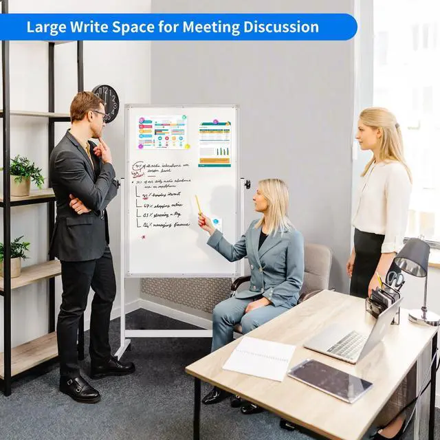 Alt view image 5 of 6 - Mobile Whiteboard and Cork Board Combo, 48 x 32 Double-Sided Magnetic Dry Erase Board on Wheels, Height Adjustable Rolling Easel Board for Classroom, Office, Home