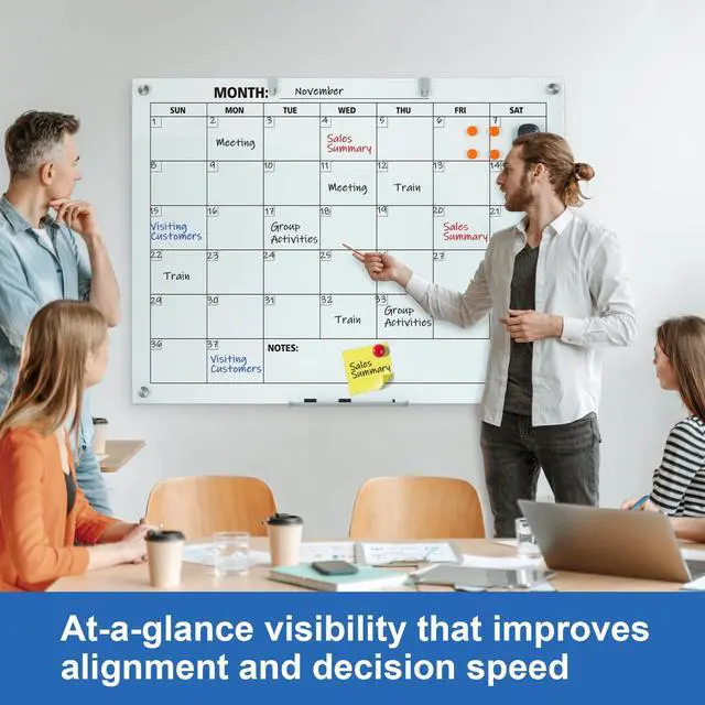 Alt view image 7 of 7 - Glass Dry Erase Calendar for Wall, 48 x 36 Inches Magnetic Glass Monthly Calendar Whiteboard, 4' x 3' Frameless Planner Board for Office, Home, School