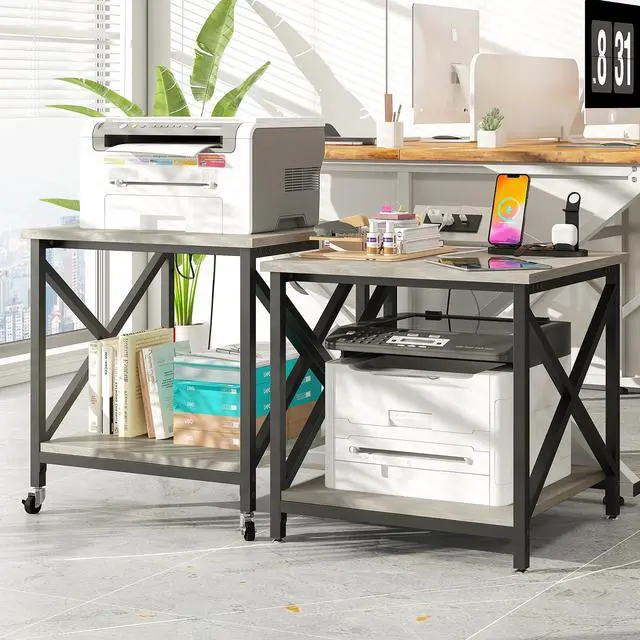 Alt view image 2 of 7 - Large Printer Stand with Power Outlet, with Storage Shelf, 2 Tier Rolling Printer Cart with Industrial Wheels, 23.6 x 23.6 Inches Printer Table for Home Office,Greige