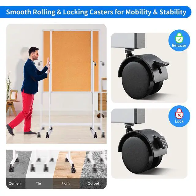 Alt view image 3 of 6 - Mobile Whiteboard and Cork Board Combo, 48 x 32 Double-Sided Magnetic Dry Erase Board on Wheels, Height Adjustable Rolling Easel Board for Classroom, Office, Home