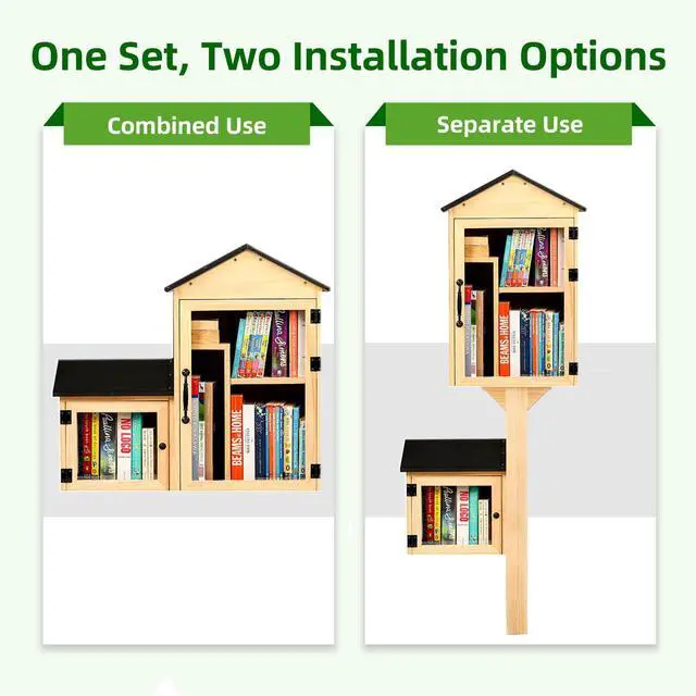 Alt view image 3 of 7 - Outdoor Library Book Box, Solid Wood Free Library with Large & Small Compartments, Waterproof Coating & Metal Joint Trim, Adjustable Storage, Easy Install Community Book, Literature, Newspaper Sharing