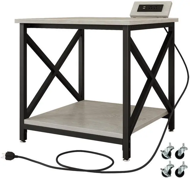 Main image of Large Printer Stand with Power Outlet, with Storage Shelf, 2 Tier Rolling Printer Cart with Industrial Wheels, 23.6 x 23.6 Inches Printer Table for Home Office,Greige