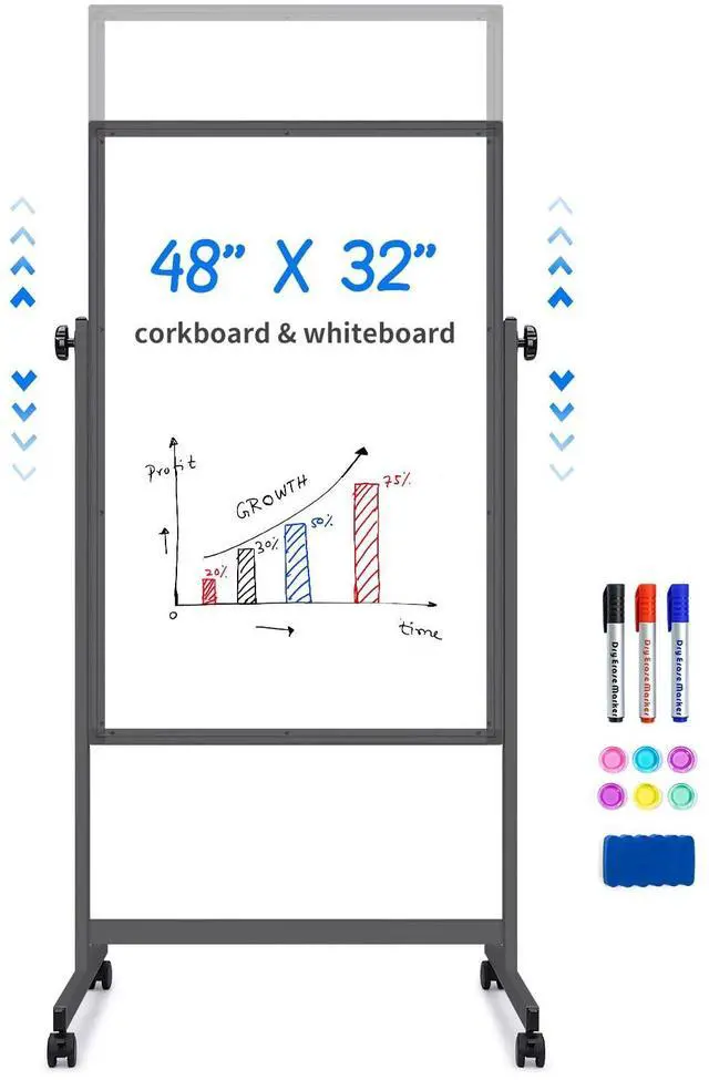 Main image of Rolling White Board, 48 x 32 Height Adjustable Whiteboard on Wheels, Large Magnetic Standing Mobile Easel Board, Double-Sided with Stand for Office, Home, and ClassroomBlack