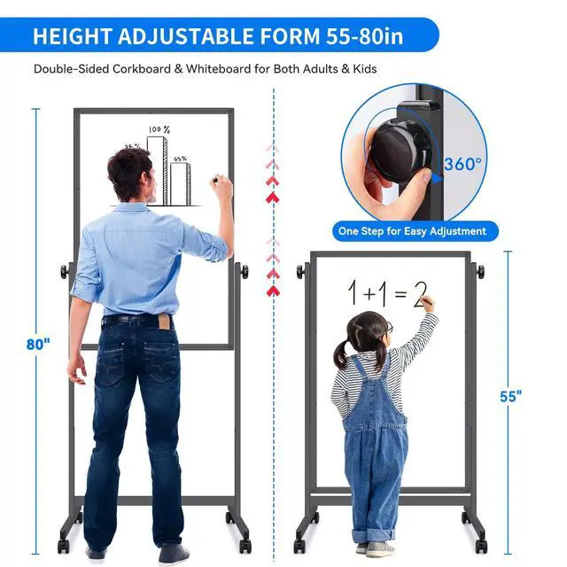 Alt view image 2 of 6 - Rolling White Board, 48 x 32 Height Adjustable Whiteboard on Wheels, Large Magnetic Standing Mobile Easel Board, Double-Sided with Stand for Office, Home, and ClassroomBlack