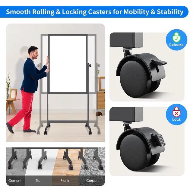 Alt view image 4 of 6 - Rolling White Board, 48 x 32 Height Adjustable Whiteboard on Wheels, Large Magnetic Standing Mobile Easel Board, Double-Sided with Stand for Office, Home, and ClassroomBlack