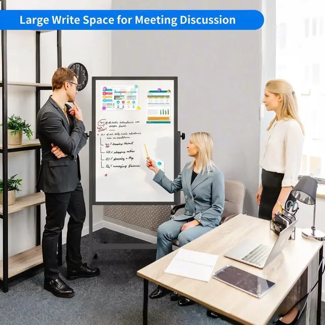 Alt view image 3 of 6 - Rolling White Board, 48 x 32 Height Adjustable Whiteboard on Wheels, Large Magnetic Standing Mobile Easel Board, Double-Sided with Stand for Office, Home, and ClassroomBlack