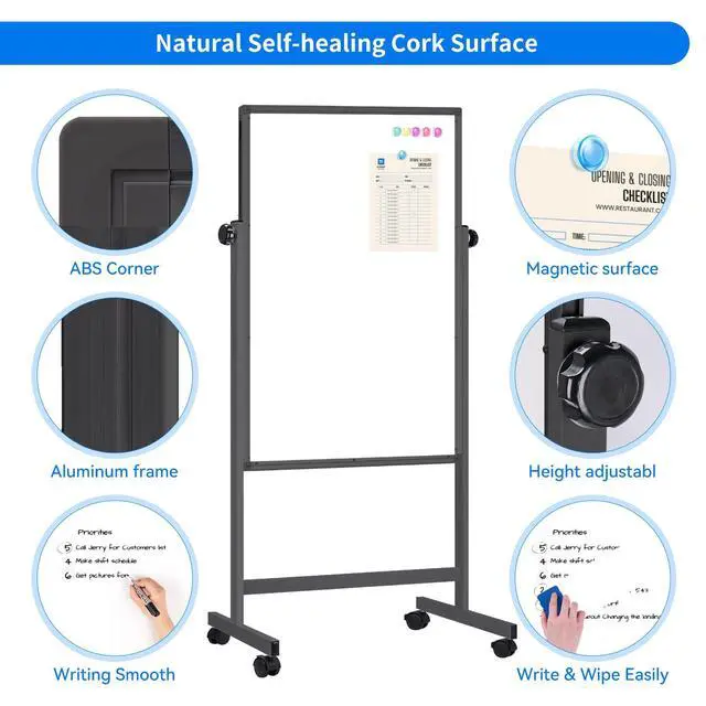 Alt view image 5 of 6 - Rolling White Board, 48 x 32 Height Adjustable Whiteboard on Wheels, Large Magnetic Standing Mobile Easel Board, Double-Sided with Stand for Office, Home, and ClassroomBlack