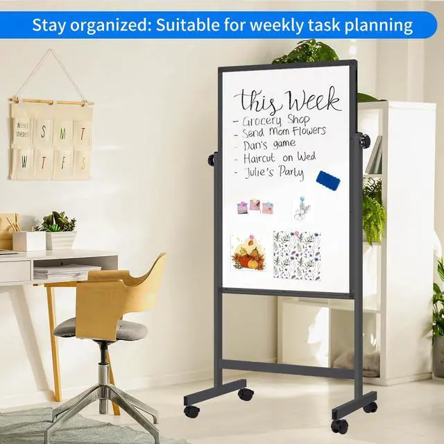 Alt view image 6 of 6 - Rolling White Board, 48 x 32 Height Adjustable Whiteboard on Wheels, Large Magnetic Standing Mobile Easel Board, Double-Sided with Stand for Office, Home, and ClassroomBlack