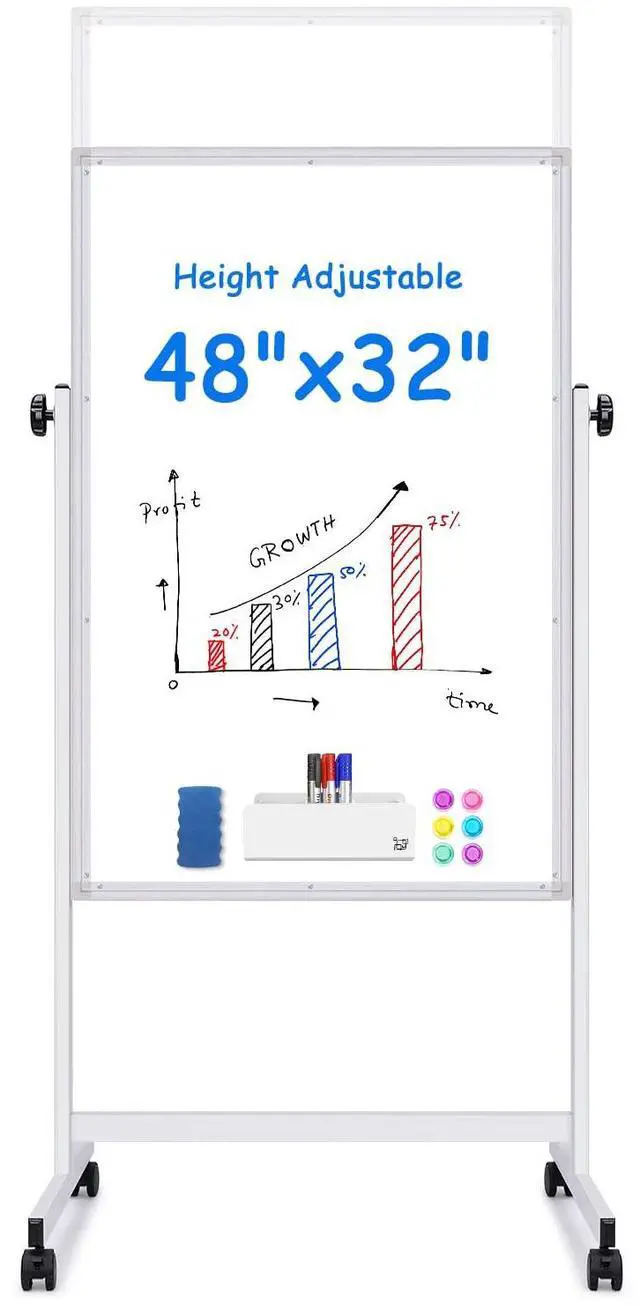 Main image of Rolling White Board, 48 x 32 Height Adjustable Whiteboard on Wheels, Large Magnetic Standing Mobile Easel Board, Double-Sided with Stand for Office, Home, and Classroom