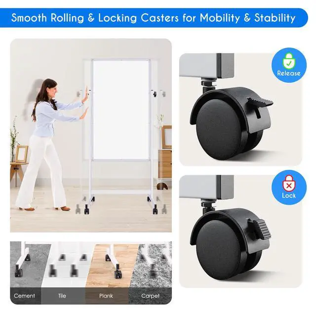 Alt view image 4 of 7 - Rolling White Board, 48 x 32 Height Adjustable Whiteboard on Wheels, Large Magnetic Standing Mobile Easel Board, Double-Sided with Stand for Office, Home, and Classroom