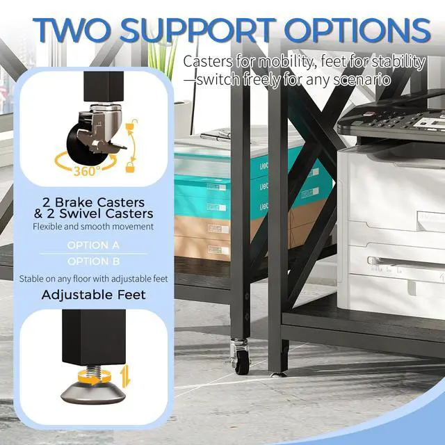 Alt view image 6 of 7 - Large Printer Stand with Power Outlet, with Storage Shelf, 2 Tier Rolling Printer Cart with Industrial Wheels, 23.6 x 23.6 Inches Printer Table for Home Office,Black