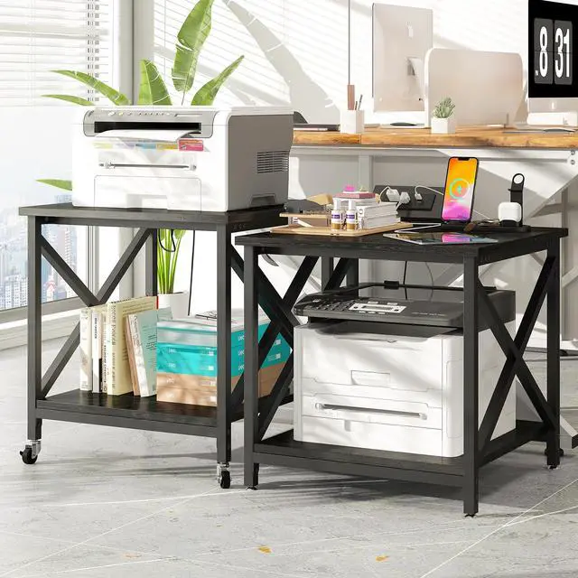 Alt view image 2 of 7 - Large Printer Stand with Power Outlet, with Storage Shelf, 2 Tier Rolling Printer Cart with Industrial Wheels, 23.6 x 23.6 Inches Printer Table for Home Office,Black