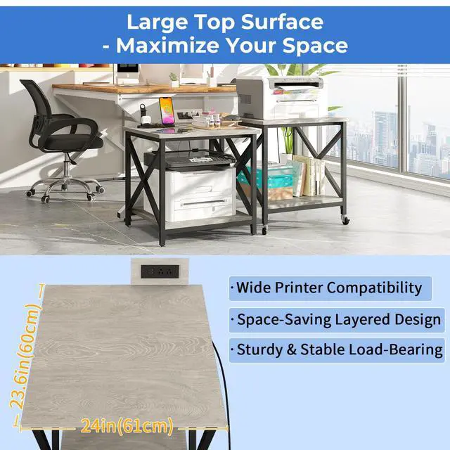 Alt view image 7 of 7 - Large Printer Stand with Power Outlet, with Storage Shelf, 2 Tier Rolling Printer Cart with Industrial Wheels, 23.6 x 23.6 Inches Printer Table for Home Office,Greige