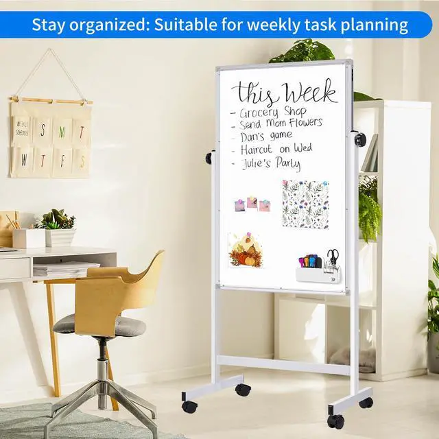 Alt view image 5 of 7 - Rolling White Board, 48 x 32 Height Adjustable Whiteboard on Wheels, Large Magnetic Standing Mobile Easel Board, Double-Sided with Stand for Office, Home, and Classroom