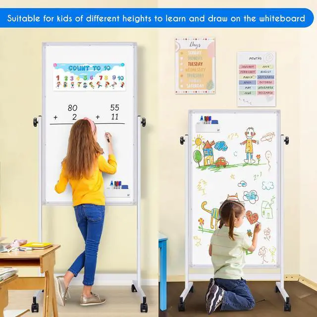 Alt view image 7 of 7 - Rolling White Board, 48 x 32 Height Adjustable Whiteboard on Wheels, Large Magnetic Standing Mobile Easel Board, Double-Sided with Stand for Office, Home, and Classroom
