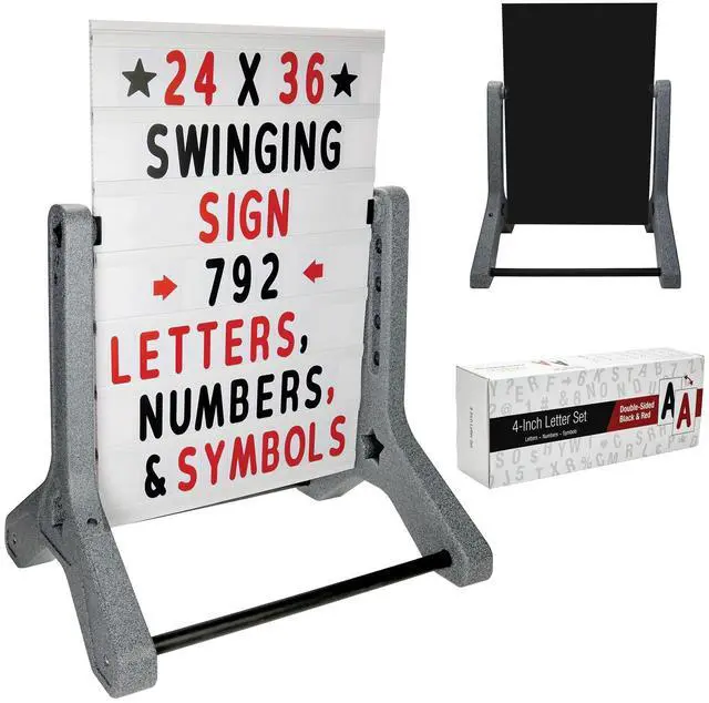 Main image of Swinging Changeable Message Sidewalk Sign: 24" x 36" Sign with 792 Pre-Cut Double Sided Letters and Storage Box. Includes Black Board & Letter Board (Granite Color Legs)