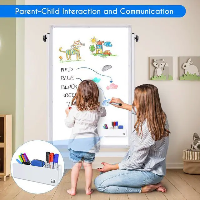Alt view image 6 of 7 - Rolling White Board, 48 x 32 Height Adjustable Whiteboard on Wheels, Large Magnetic Standing Mobile Easel Board, Double-Sided with Stand for Office, Home, and Classroom