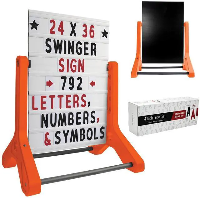 Main image of Swinging Changeable Message Sidewalk Sign: 24" x 36" Sign with 792 Pre-Cut Double Sided Letters and Storage Box. Includes Black Board & Letter Board (Orange Color Legs)