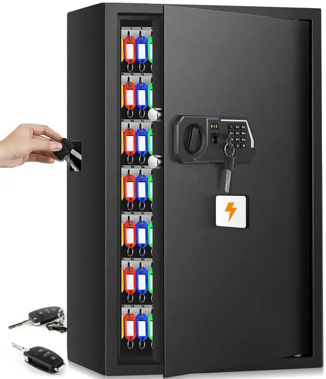 Main image of 144 Keys Fireproof Key Lock Box Wall Mount with Code & Hook Plates | Combo Lock with Alarm & Silent Modes, Color Tags, Key Drop Slot, Alloy Steel, Key Safe for Home Office Garage Rental Business