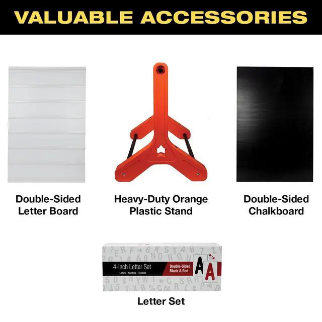 Alt view image 2 of 7 - Swinging Changeable Message Sidewalk Sign: 24" x 36" Sign with 792 Pre-Cut Double Sided Letters and Storage Box. Includes Black Board & Letter Board (Orange Color Legs)