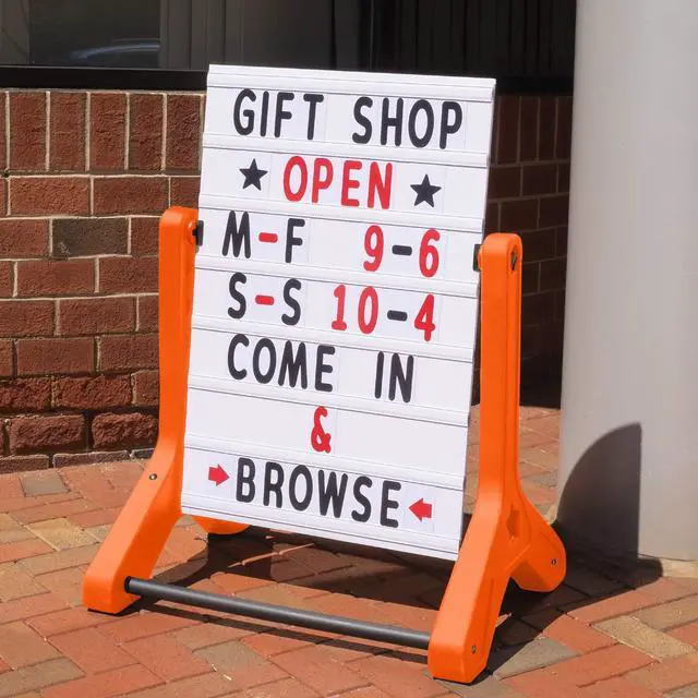 Alt view image 6 of 7 - Swinging Changeable Message Sidewalk Sign: 24" x 36" Sign with 792 Pre-Cut Double Sided Letters and Storage Box. Includes Black Board & Letter Board (Orange Color Legs)