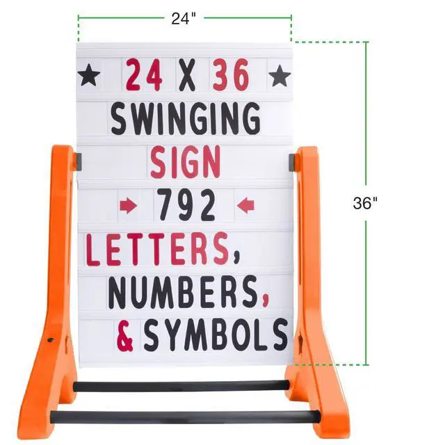 Alt view image 5 of 7 - Swinging Changeable Message Sidewalk Sign: 24" x 36" Sign with 792 Pre-Cut Double Sided Letters and Storage Box. Includes Black Board & Letter Board (Orange Color Legs)