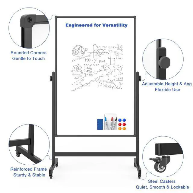 Alt view image 3 of 7 - Rolling Whiteboard on Wheels, Double-Sided Magnetic Dry Erase Board with Stand, Mobile White Board for Office, Classroom, Home (32" x 48")