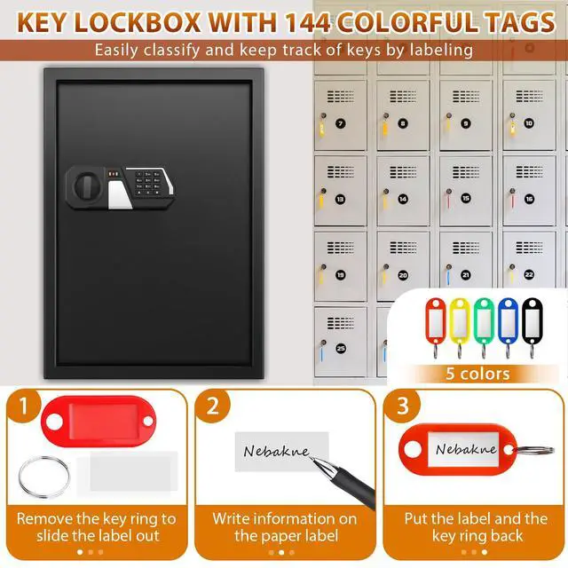 Alt view image 5 of 7 - 144 Keys Fireproof Key Lock Box Wall Mount with Code & Hook Plates | Combo Lock with Alarm & Silent Modes, Color Tags, Key Drop Slot, Alloy Steel, Key Safe for Home Office Garage Rental Business