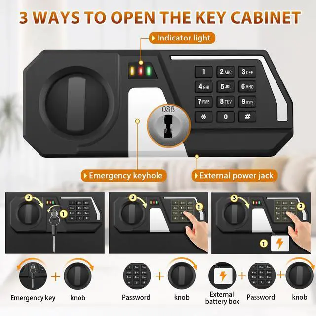 Alt view image 7 of 7 - 144 Keys Fireproof Key Lock Box Wall Mount with Code & Hook Plates | Combo Lock with Alarm & Silent Modes, Color Tags, Key Drop Slot, Alloy Steel, Key Safe for Home Office Garage Rental Business