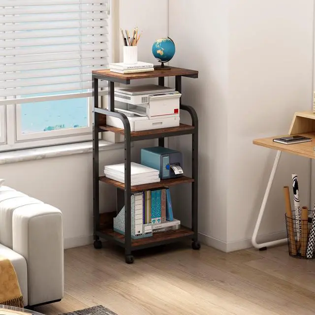 Alt view image 2 of 7 - 4-Tier Printer Stand with Adjustable Storage Shelf, Large Tall Printer Table with Wheels for Home Office Small Spaces Organization, Rustic Brown