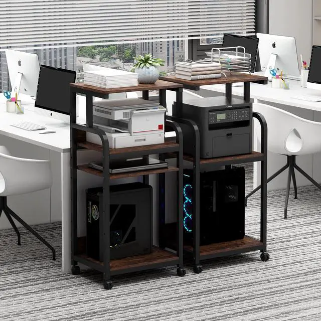 Alt view image 4 of 7 - 4-Tier Printer Stand with Adjustable Storage Shelf, Large Tall Printer Table with Wheels for Home Office Small Spaces Organization, Rustic Brown