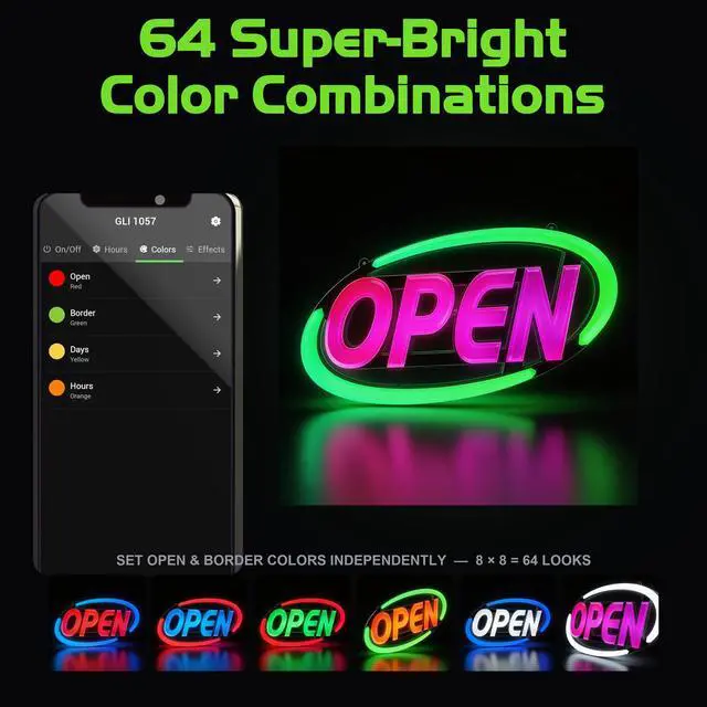 Alt view image 3 of 7 - Super-Bright LED Open Sign for Business 15x32 in - 64 Color Combos via Bluetooth App or Remote - Programmable On/Off Timer, Scroll/Flash/Phase Modes - Daylight Visible