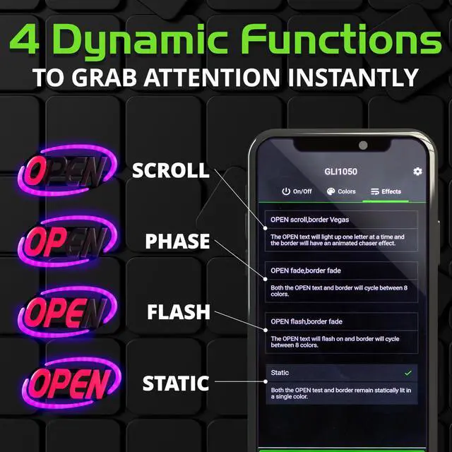 Alt view image 7 of 7 - Super-Bright LED Open Sign for Business 15x32 in - 64 Color Combos via Bluetooth App or Remote - Programmable On/Off Timer, Scroll/Flash/Phase Modes - Daylight Visible