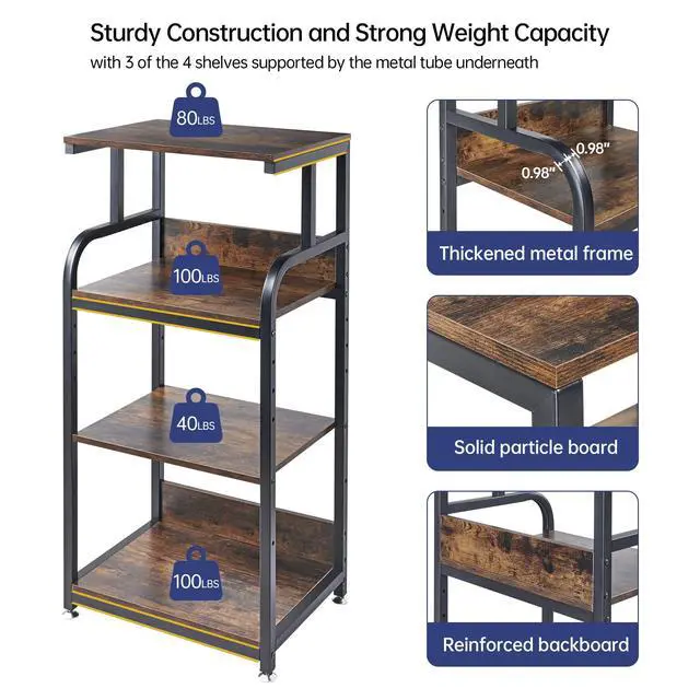Alt view image 5 of 7 - 4-Tier Printer Stand with Adjustable Storage Shelf, Large Tall Printer Table with Wheels for Home Office Small Spaces Organization, Rustic Brown