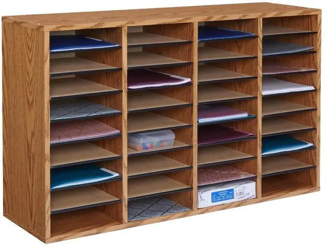 Main image of Literature Organizer, 36 Compartments, Office and Classroom Mailbox with Adjustable Shelves, Wood Paper and Mail Sorter, Medium Oak