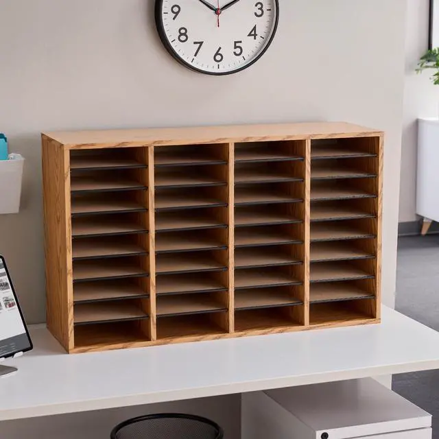 Alt view image 5 of 7 - Literature Organizer, 36 Compartments, Office and Classroom Mailbox with Adjustable Shelves, Wood Paper and Mail Sorter, Medium Oak