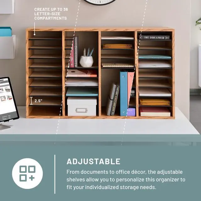Alt view image 2 of 7 - Literature Organizer, 36 Compartments, Office and Classroom Mailbox with Adjustable Shelves, Wood Paper and Mail Sorter, Medium Oak