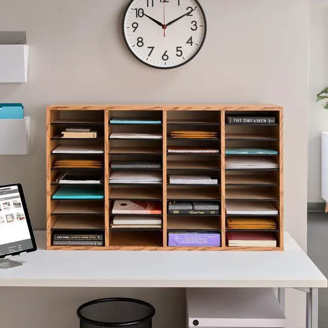 Alt view image 7 of 7 - Literature Organizer, 36 Compartments, Office and Classroom Mailbox with Adjustable Shelves, Wood Paper and Mail Sorter, Medium Oak