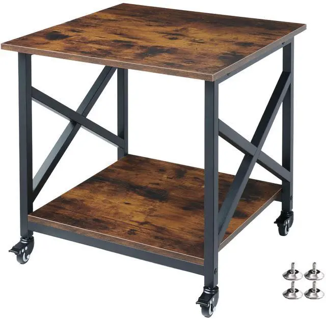 Main image of Large Printer Stand, 23.6 x 23.6 x 22.6 Inches Square Printer Table with Storage Shelf, 2 Tier Rolling Printer Cart with Industrial Wheels for Home Office - Rustic Brown