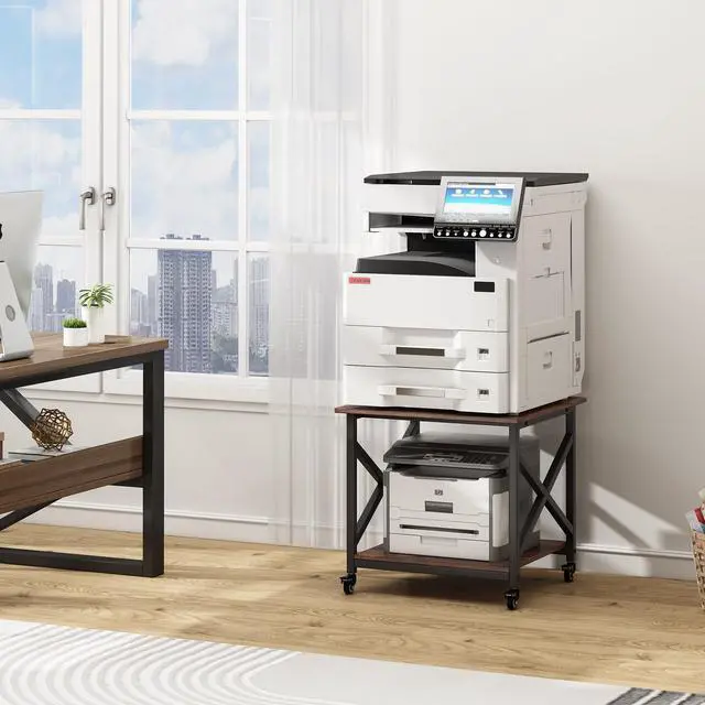 Alt view image 2 of 7 - Large Printer Stand, 23.6 x 23.6 x 22.6 Inches Square Printer Table with Storage Shelf, 2 Tier Rolling Printer Cart with Industrial Wheels for Home Office - Rustic Brown
