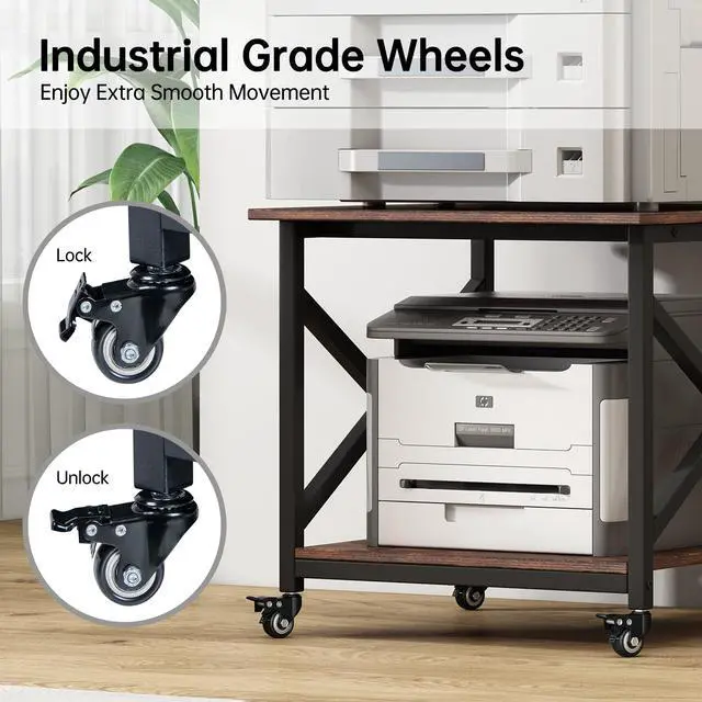 Alt view image 5 of 7 - Large Printer Stand, 23.6 x 23.6 x 22.6 Inches Square Printer Table with Storage Shelf, 2 Tier Rolling Printer Cart with Industrial Wheels for Home Office - Rustic Brown