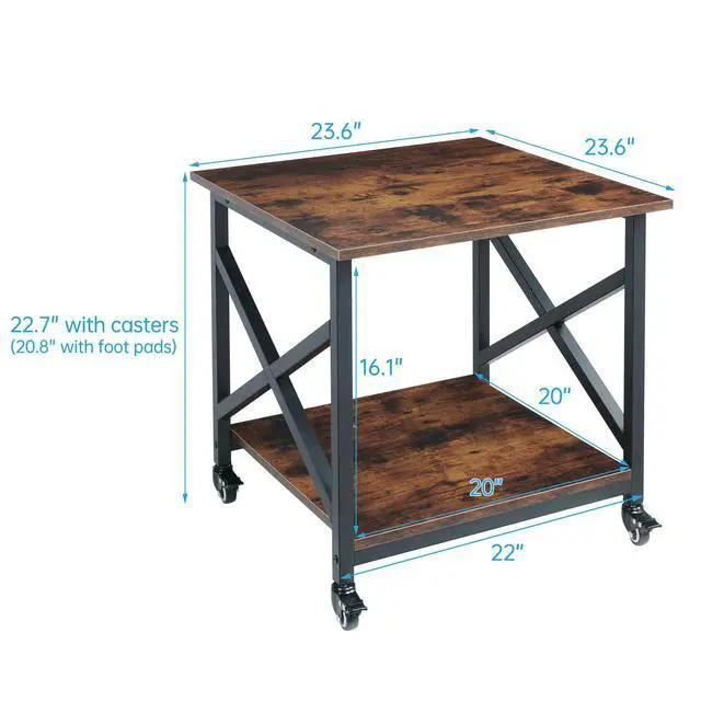 Alt view image 3 of 7 - Large Printer Stand, 23.6 x 23.6 x 22.6 Inches Square Printer Table with Storage Shelf, 2 Tier Rolling Printer Cart with Industrial Wheels for Home Office - Rustic Brown